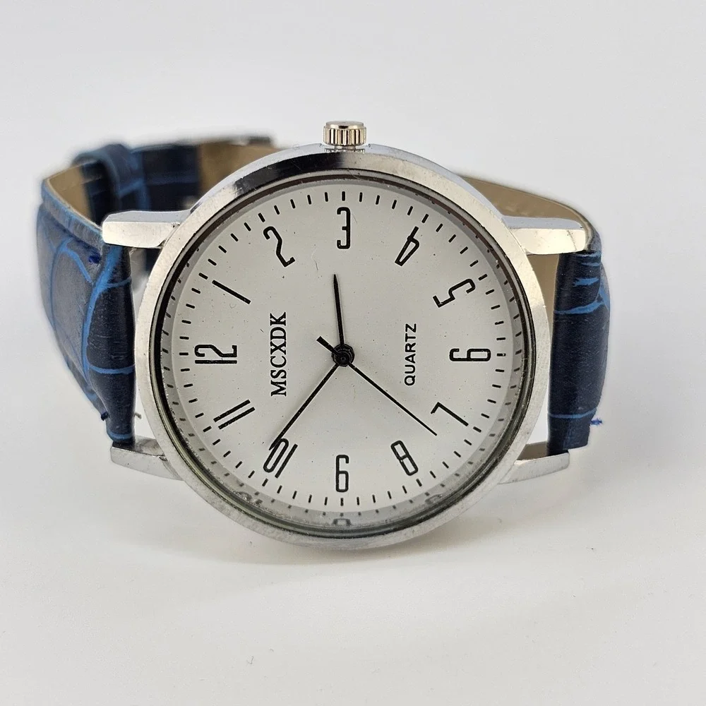 Men's Analog Easy Read Watch 40MM White Dial Blue Faux Leather Bands New Battery
